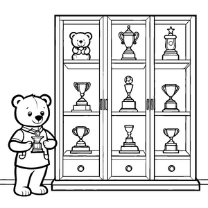 Bärenstarker Trophäenschrank mit glänzenden Auszeichnungen Ausmalbild für stolze Gewinner-Kinder
