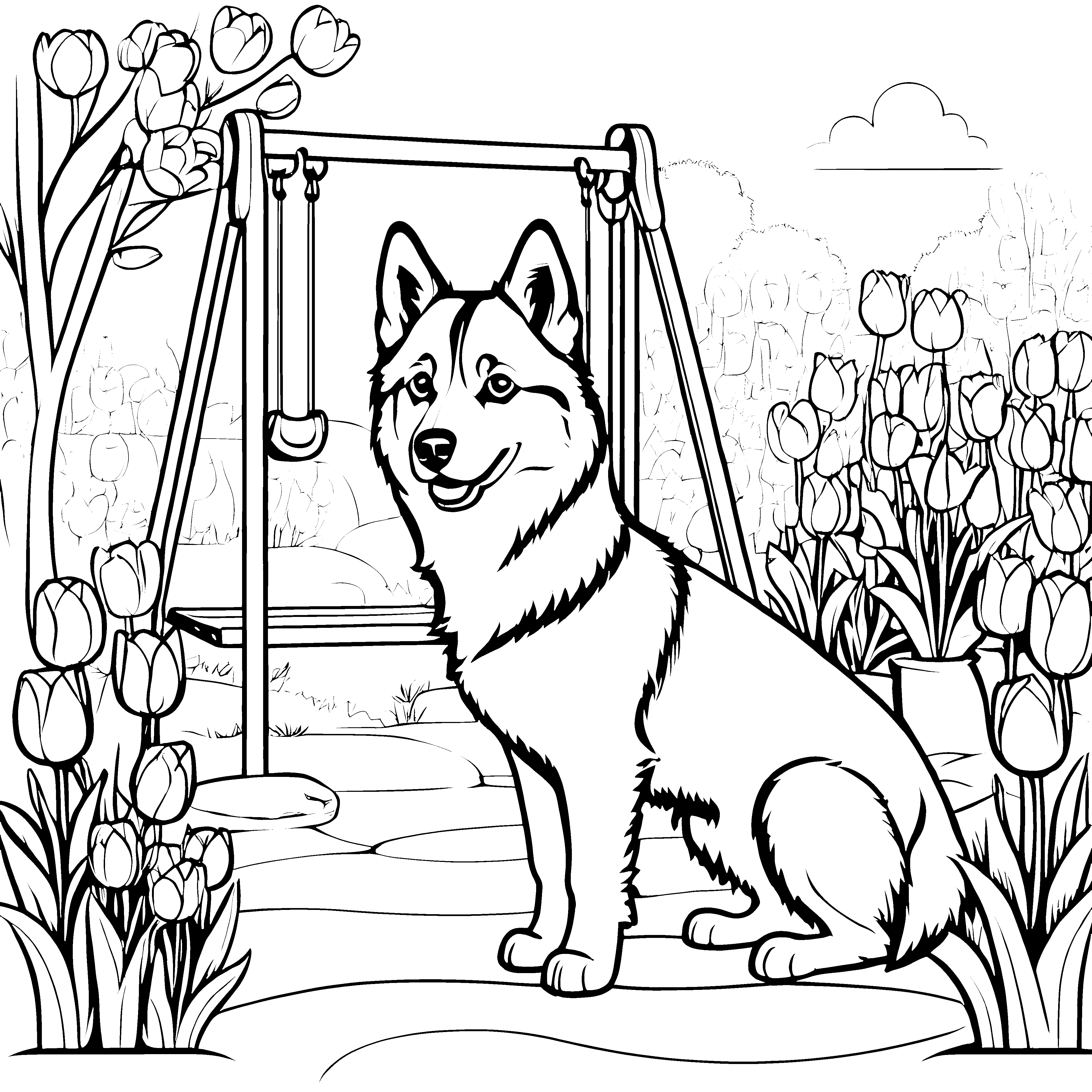 Freundlicher Husky im blühenden Garten Ausmalbild für abenteuerlustige Tierfreunde