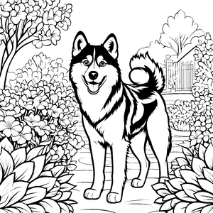 Bezaubernder Husky in blühender Gartenlandschaft Ausmalvorlage für fröhliche Tierfreunde