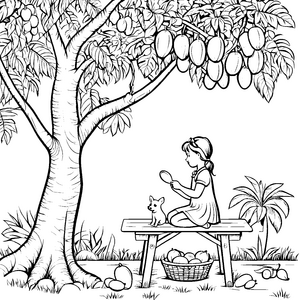Fröhliches Mädchen mit Mangos unter strahlendem Baum Ausmalbild für kleine Obstliebhaber