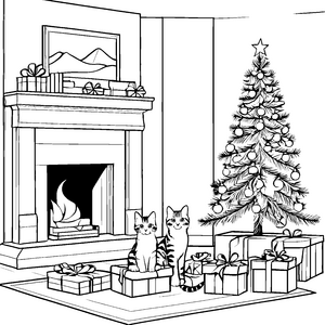 Frohe Katzen unter dem Weihnachtsbaum Ausmalbild für kreative Weihnachtsfreunde