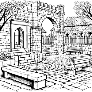 Historische Steinmauer mit kreativem Springbrunnen Ausmalvorlage für junge Entdecker