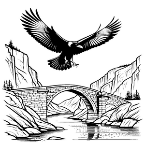 Majestätischer Rabe über der malerischen Brücke Ausmalbild für fantasievolle Entdecker