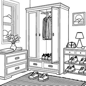 Stylischer Garderobenschrank mit bunten Sneakern Ausmalvorlage für kreative Wohnraumgestalter