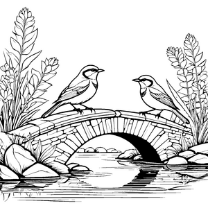 Zwei fröhliche Vögel auf romantischer Brücke Ausmalvorlage für kreative Naturfreunde