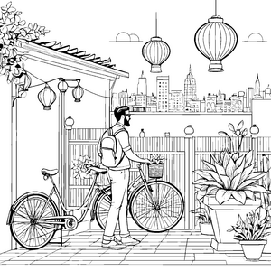Bezaubernder Hipster mit Fahrrad in urbaner Oase Ausmalvorlage für trendbewusste Entdecker