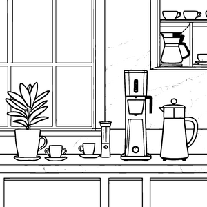 Stilvolle Kaffeemaschine in moderner Küchenszene Ausmalbild für kreative Kaffeeliebhaber