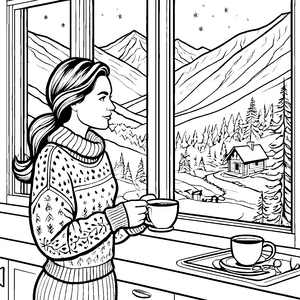 Gemütlicher Pullover bei winterlicher Aussicht Ausmalvorlage für entspannte Kreative