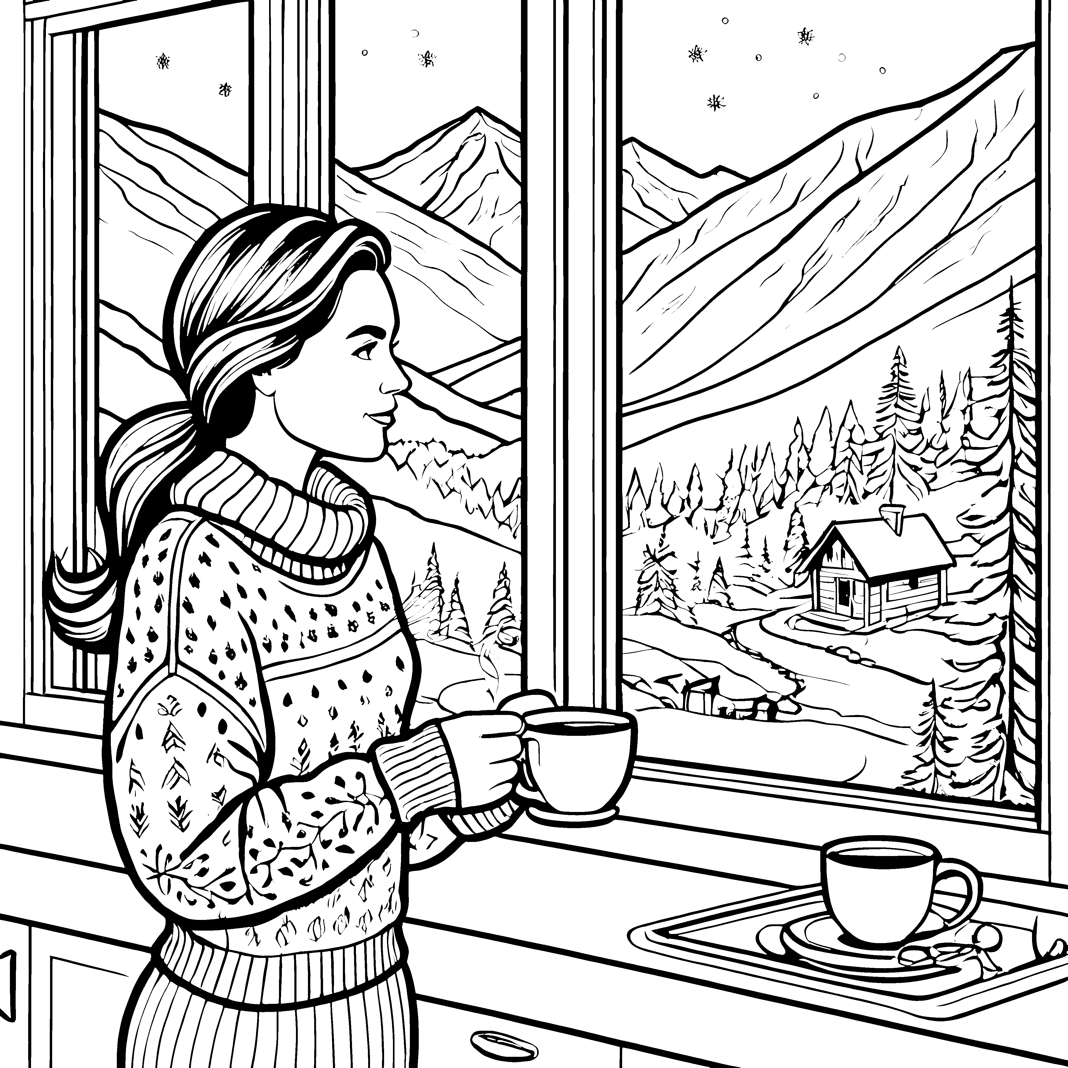 Gemütlicher Pullover bei winterlicher Aussicht Ausmalvorlage für entspannte Kreative