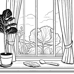 Gemütlicher Ausblick auf den Weißkohl aus dem Fenster Ausmalbild für kreative Fenstersticker