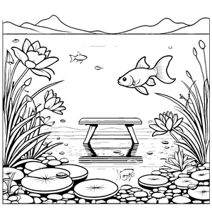 Goldfisch mit sprudelndem Wasserlilie-Bett Ausmalvorlage für kleine Wasserspiele-Fans