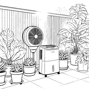 Erfrischender Ventilator zwischen prächtigen Pflanzen Ausmalmotiv für kleine Raumgestalter