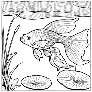 Schimmernder Goldfisch zwischen Wasserpflanzen Ausmalbild für kleine Wasserliebhaber