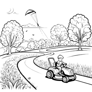 Kreativer Rasenmäher beim fröhlichen Landschaftspflegen Ausmalbild für junge Gartenfreunde