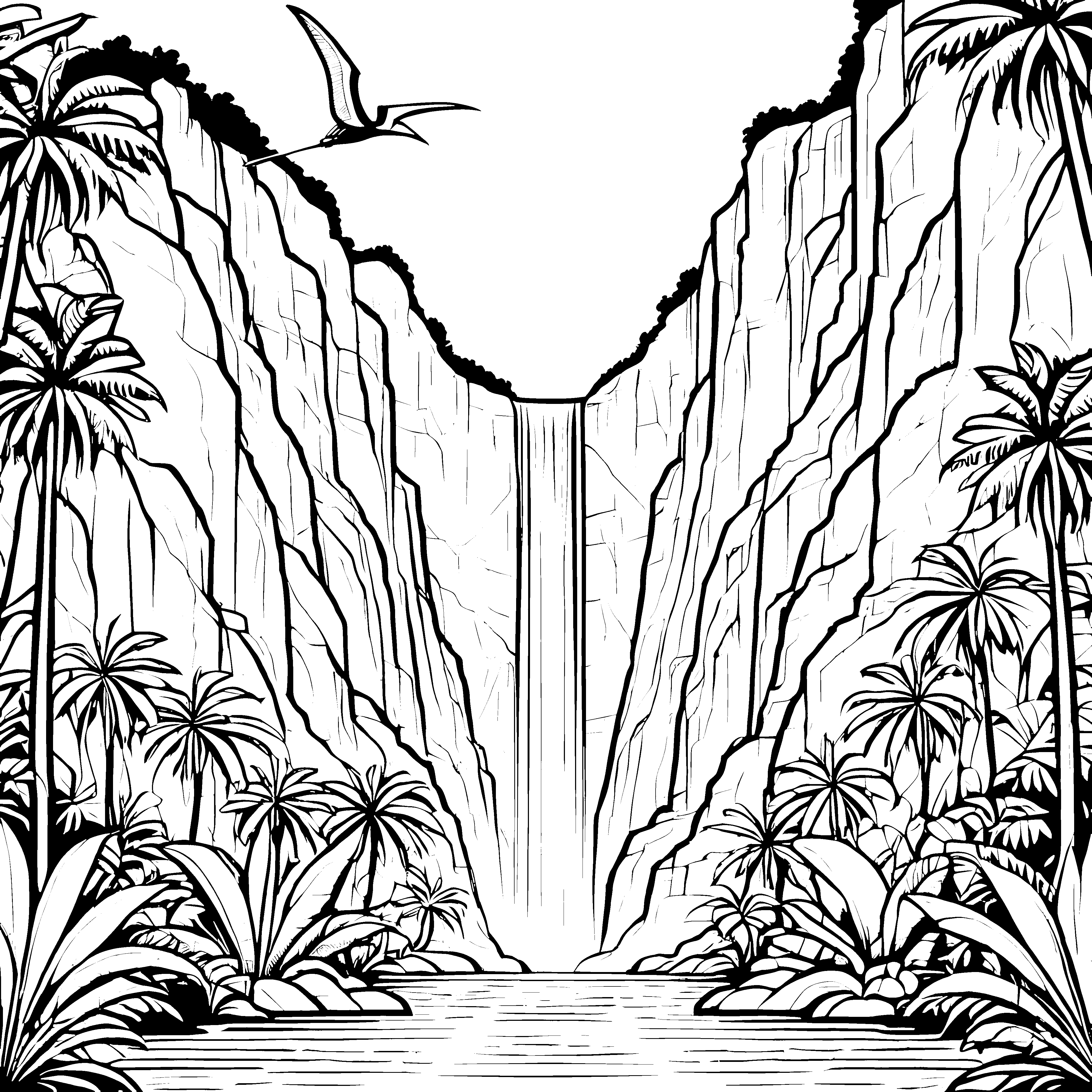 Majestätischer Pteranodon über spektakulärer Wasserfall Ausmalbild für abenteuerliche Entdecker