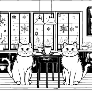Zwei kuschelige Katzen vor festlicher Fensterdeko Ausmalvorlage für frohe Weihnachtsfreunde