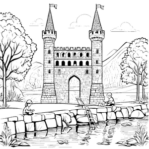 Majestätischer Turm am friedlichen Fluss Ausmalbild für kreative Entdecker