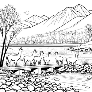 Entspanntes Alpaka nahe glitzerndem Fluss Ausmalbild für kreative Naturfreunde