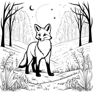 Schlauer Fuchs im mystischen Wald Ausmalbild für kreative Naturentdecker