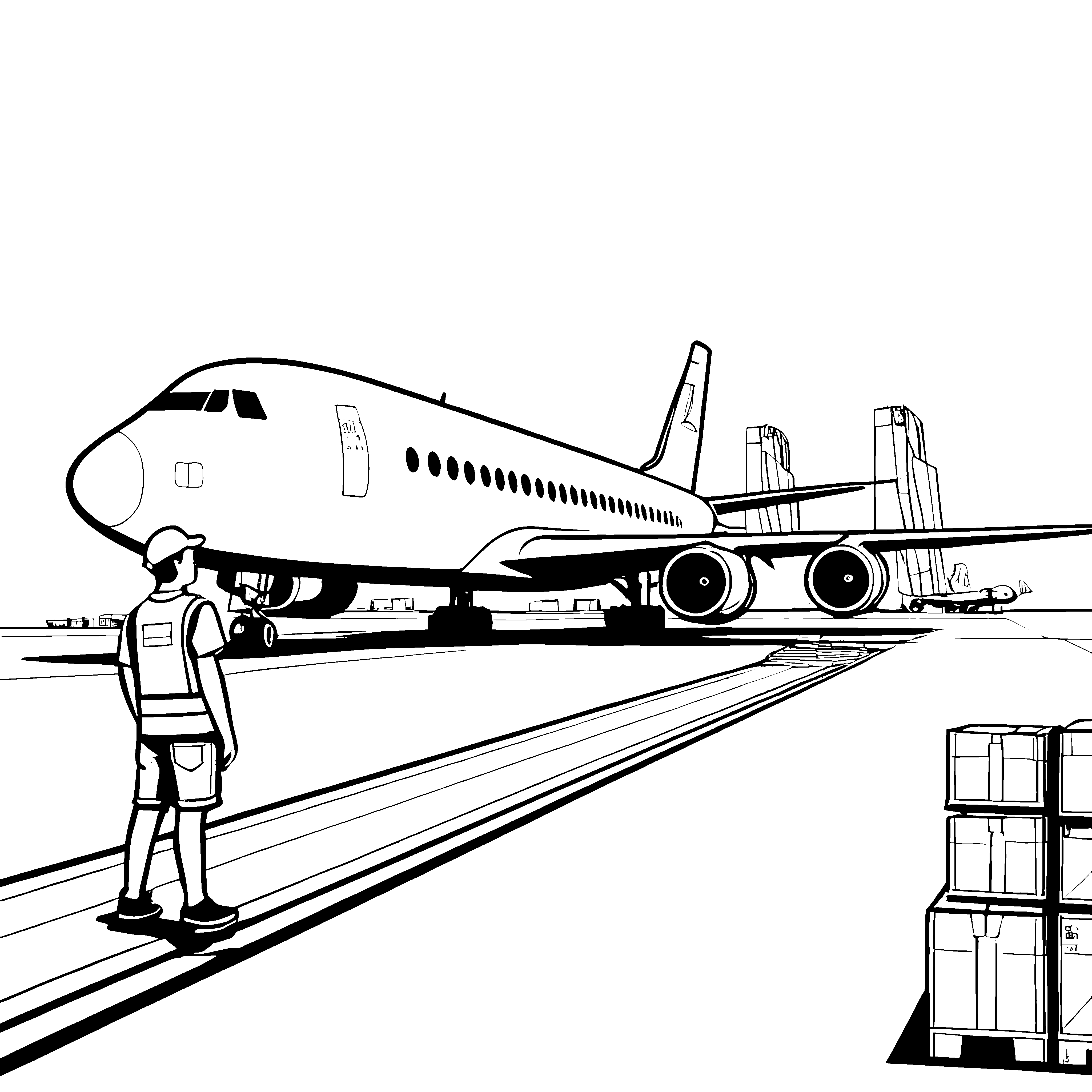 Flughafen-Szenario mit riesigem Passagierflugzeug Ausmalbild für begeisterte Weltenbummler