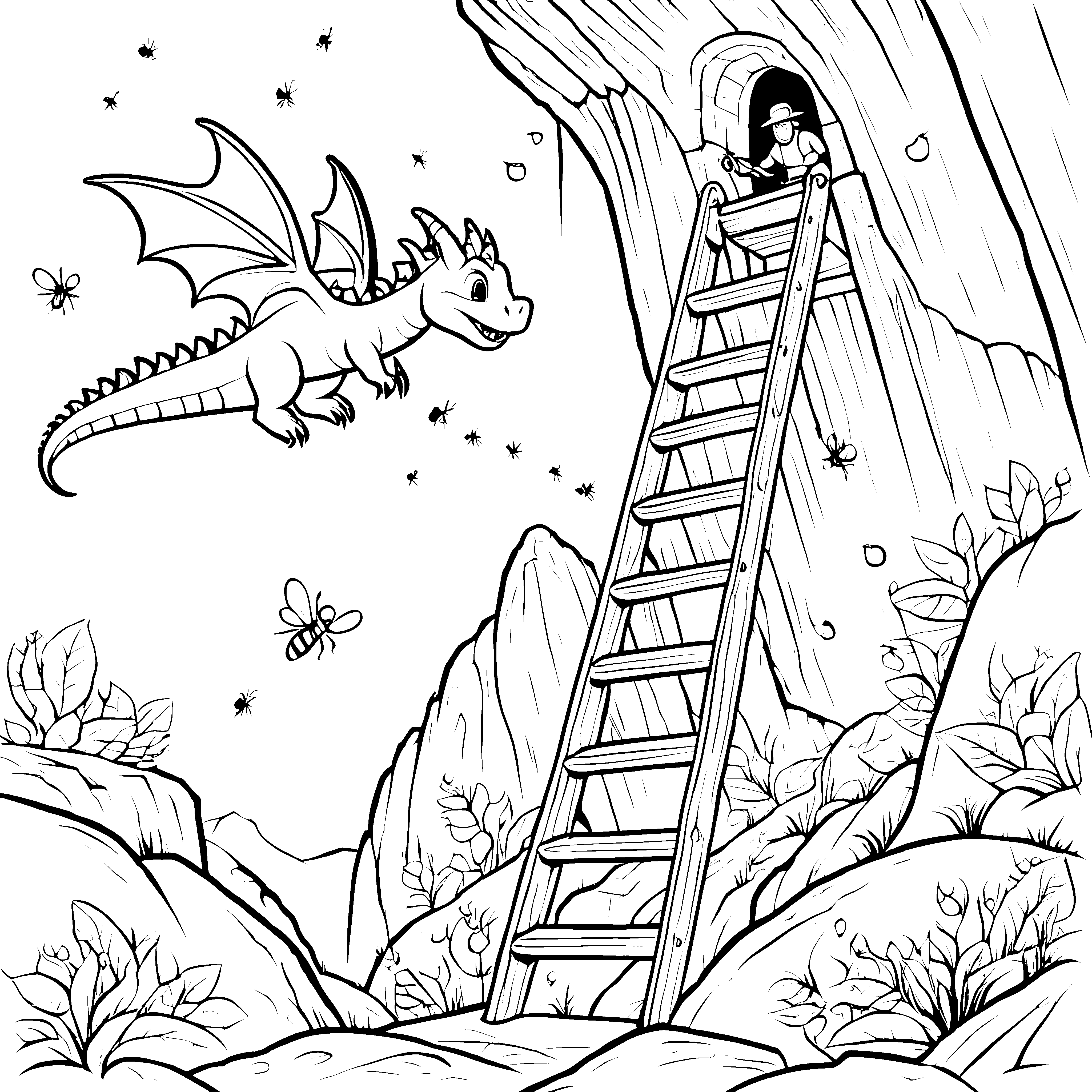 Frecher Drache mit spannender Leiter Ausmalvorlage für mutige Entdecker