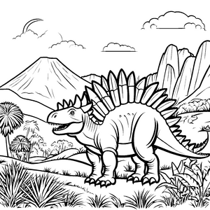 Fasziniert schauender Stegosaurus im prähistorischen Dschungel Ausmalvorlage für kleine Dino-Fans