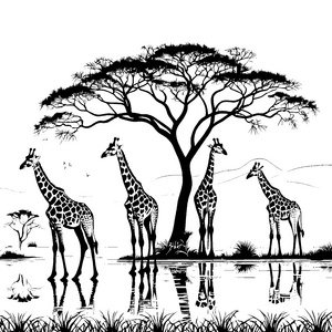 Verspielte Giraffen unter schattenspendendem Baum Ausmalmotiv für kleine Naturforscher