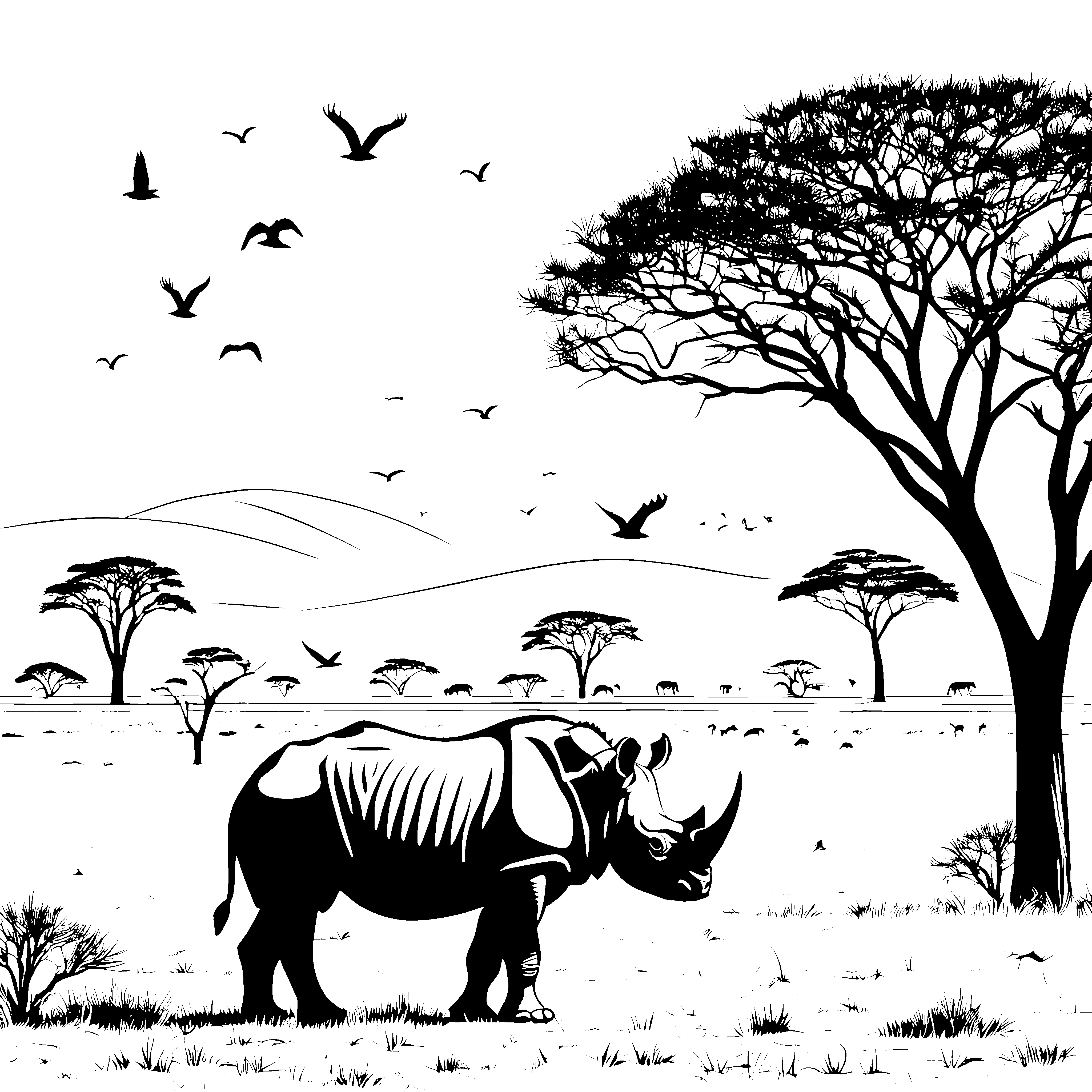 Stolzes Nashorn in der savannengoldenen Lichtung Ausmalvorlage für junge Tierfreunde