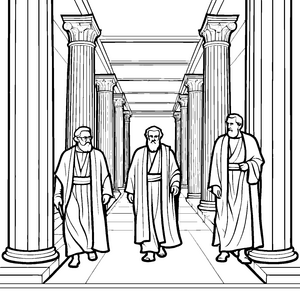 Philosophisches Gespräch unter Säulen Ausmalvorlage für wissbegierige Denker