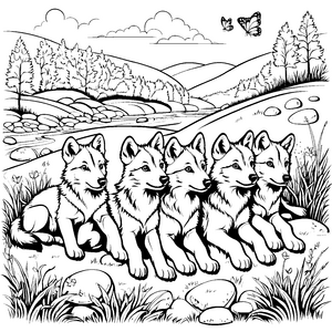 Fünf neugierige Wolfsbabys am glitzernden Fluss Ausmalbild für kleine Abenteurer