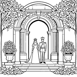 Majestätisches Königspaar vor prächtigem Tor Ausmalvorlage für kreative Geschichtenliebhaber