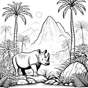 Majestätisches Nashorn im tropischen Paradies Ausmalbild für abenteuerlustige Tierforscher