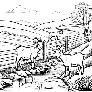 Kreative Ziegen am sprudelnden Bach Ausmalbild für abenteuerliche Tierfreunde