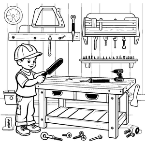 Schraubenzieher in der bunten Werkstatt Ausmalbild für kleine Handwerker