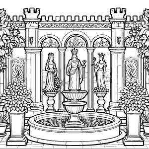 Majestätische Königinnen am glitzernden Brunnen Ausmalbild für stolze Kreativlinge