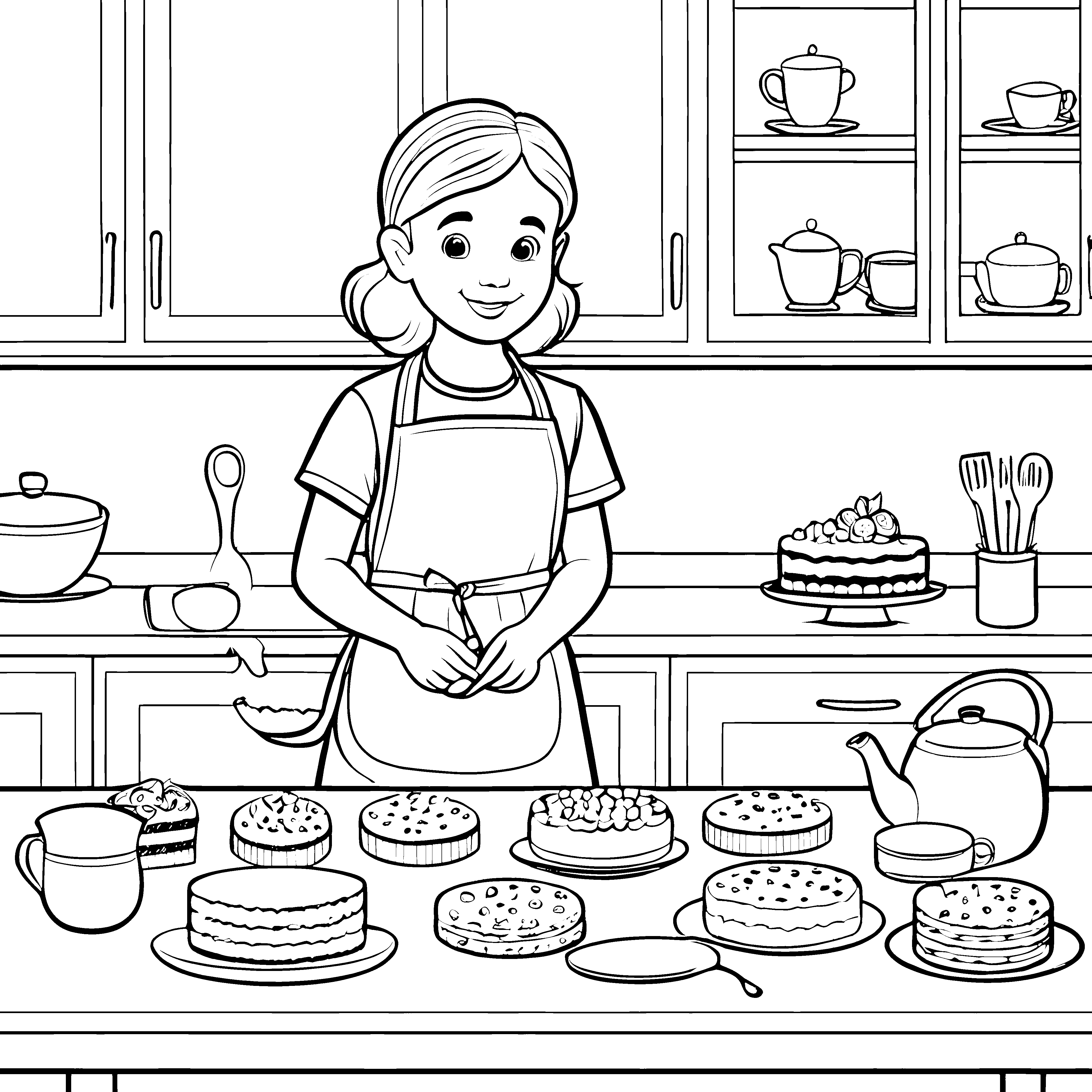 Süße Kuchenschlacht in der bunten Küche Malvorlage für kleine Backfreunde