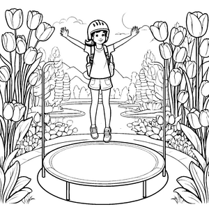 Fröhliches Mädchen beim Springen auf dem Trampolin Ausmalvorlage für neugierige Bewegungsfreunde