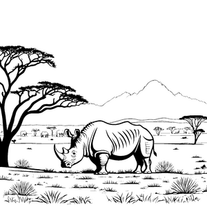 Starkes Nashorn auf afrikanischer Savanne Ausmalvorlage für wagemutige Naturfreunde