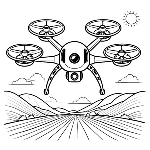 Spannende Drohne über weiten Feldern Ausmalbild für kleine Technikdetektive