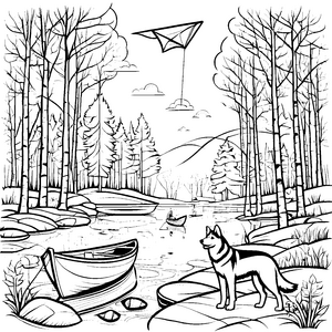 Husky in der Natur mit schipperndem Boot Ausmalbild für abenteuerliche Entdecker