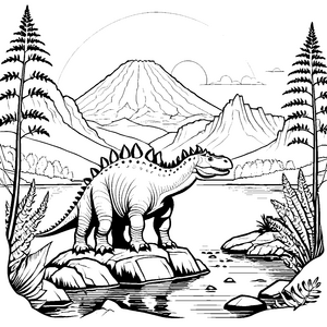 Faszinierender Stegosaurus vor majestätischer Berglandschaft Ausmalbild für kleine Dino-Fans