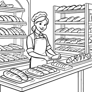 Fröhliche Bäckerin mit duftenden Broten Ausmalmotiv für kleine Küchenchefs
