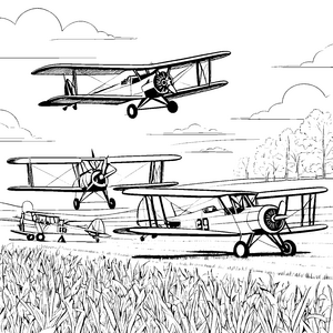 Beeindruckende Flugzeuge über dem weiten Feld Ausmalbild für junge Luftfahrtenthusiasten