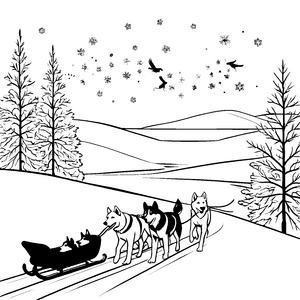 Energiegeladene Schlittenhunde im winterlichen Landschaftsbild Ausmalvorlage für abenteuerlustige Tierfreunde