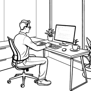 Kreativer Softwareentwickler am modernen Arbeitsplatz Ausmalmotivation für engagierte Technikfans