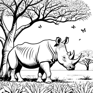 Starkes Nashorn unter schattenspendendem Baum Ausmalmotiv für mutige Naturentdecker