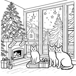 Gemütliche Katzen vor festlichem Weihnachtsbaum Ausmalvorlage für frohe Weihnachtszauberer