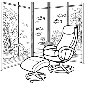 Entspannender Massagesessel vor glitzerndem Aquarienblick Ausmalbild für gelassene Künstler