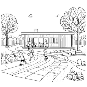 Lebhafte Kinder beim Spielen im bunten Garten Ausmalvorlage für kleine Entdecker voller Abenteuer