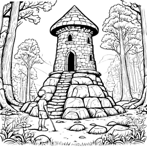 Geheimnisvoller Turm im zauberhaften Wald Ausmalvorlage für junge Abenteurer